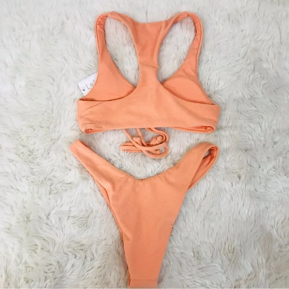 L*SPACE Dax Terry Bikini Top Cabana Bitsy Cut Cheeky Bottom Peach Size Small New